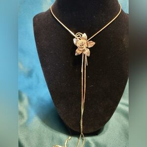 Vintage Gold Tone Mesh Rose Lariat Necklace
